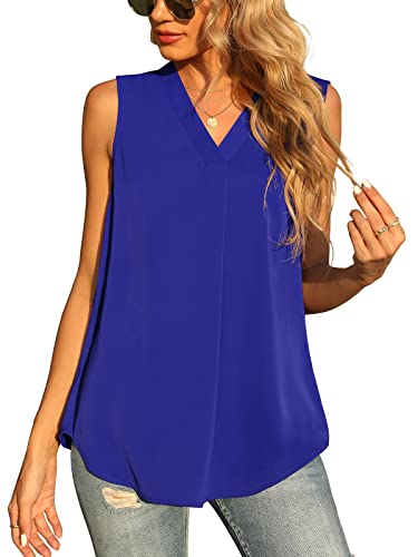 Yommay Damen Sommer ärmellose Westen Damen Chiffon Tank Tops Bluse lose lässig V Hals Blusen Shirts,königsblau,L EU von Yommay