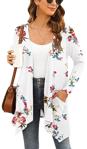 Yommay Damen Strickjacke Elegantes lässiges langärmeliges Top mit Taschen Leichte Cardigan Winterjacke,Floral Off Weiß,Mittel von Yommay