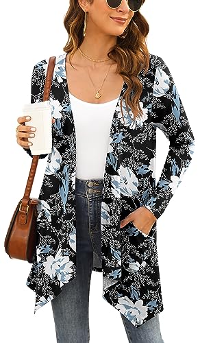 Yommay Damen Strickjacke Elegantes lässiges langärmeliges Top mit Taschen Leichte Cardigan Winterjacke,Floral Weiß Lily,Mittel von Yommay