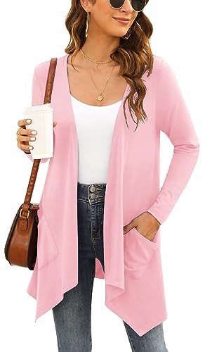 Yommay Damen Strickjacke Elegantes lässiges langärmeliges Top mit Taschen Leichte Cardigan Winterjacke,Rosa,Klein von Yommay