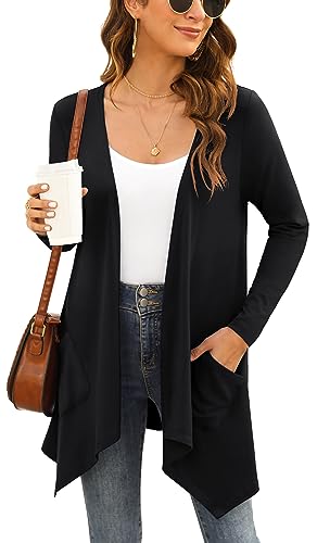 Yommay Damen Strickjacke Elegantes lässiges langärmeliges Top mit Taschen Leichte Cardigan Winterjacke,Schwarz,Mittel von Yommay