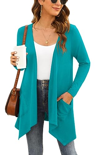 Yommay Damen Strickjacke Elegantes lässiges langärmeliges Top mit Taschen Leichte Cardigan Winterjacke,Smaragdblau,Klein von Yommay