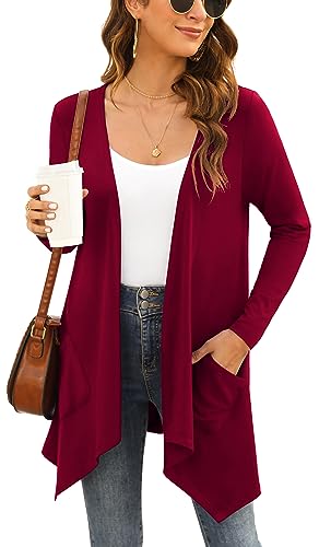 Yommay Damen Strickjacke Winter Langarm lässig Cardigan für Damen Komfortabel und warm mit Taschen Gestrickt Blazer,Weinrot,XX-Large von Yommay