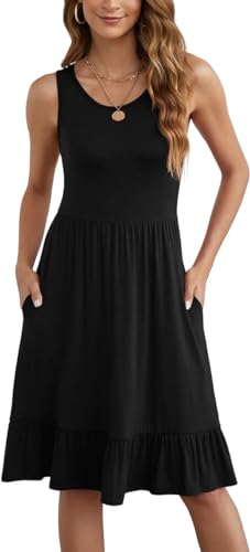 Yommay Kleider Damen Sommer Elegante Knielang A-Linie Kleid Casual Rundhals Tank Top Strandkleid mit Taschen,Schwarz,M von Yommay