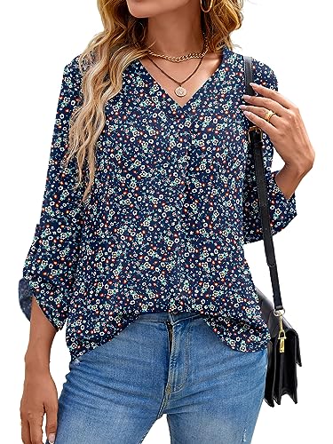 Yommay Langarm V Ausschnitt 3/4 Sleeve Oberteil Shirts Basic Casual Langarmshirts Ladies Chiffon Tops Longshirt(Flower Navy Blau,EU 3XL) von Yommay