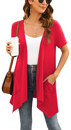 Yommay Plus Size Strickjacken für Damen Elegant Solide Kurzen Ärmel Strickjacke Casual Sommer Leichter Lockere Cardigan mit Taschen,Rot,XXX-Large von Yommay