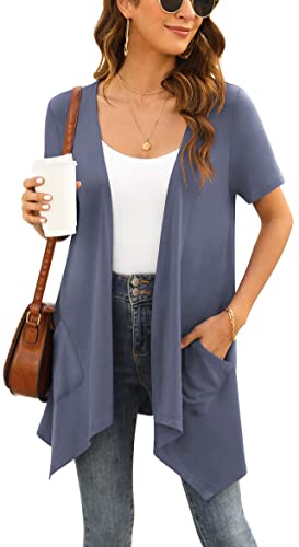 Yommay Plus Size Strickjacken für Damen Elegant Solide Kurzen Ärmel Strickjacke Casual Sommer Leichter Lockere Cardigan mit Taschen,Violett Grau,XXX-Large von Yommay