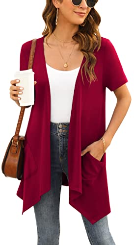 Yommay Plus Size Strickjacken für Damen Elegant Solide Kurzen Ärmel Strickjacke Casual Sommer Leichter Lockere Cardigan mit Taschen,Weinrot,XXX-Large von Yommay