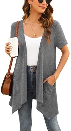 Yommay Strickjacken für Damen Elegant Solide Kurzen Ärmel Strickjacke Casual Sommer Leichter Lockere Cardigan mit Taschen,Dunkelgrau,Groß von Yommay