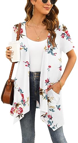 Yommay Strickjacken für Damen Elegant Solide Kurzen Ärmel Strickjacke Casual Sommer Leichter Lockere Cardigan mit Taschen,Floral Off Weiß,Groß von Yommay