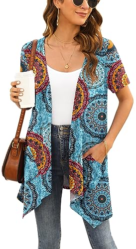 Yommay Strickjacken für Damen Elegant Solide Kurzen Ärmel Strickjacke Casual Sommer Leichter Lockere Cardigan mit Taschen,Floral Rund Blau,Groß von Yommay