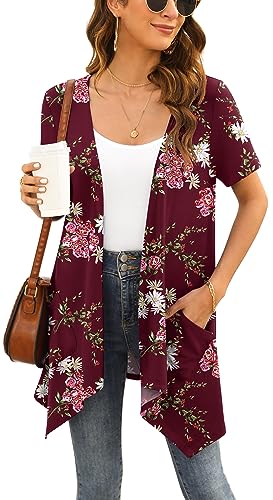 Yommay Strickjacken für Damen Elegant Solide Kurzen Ärmel Strickjacke Casual Sommer Leichter Lockere Cardigan mit Taschen,Floral Weinrot,Klein von Yommay