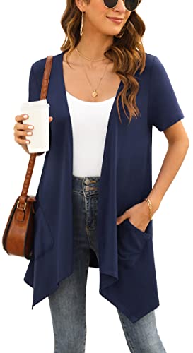 Yommay Strickjacken für Damen Elegant Solide Kurzen Ärmel Strickjacke Casual Sommer Leichter Lockere Cardigan mit Taschen,Navy Blau,Groß von Yommay