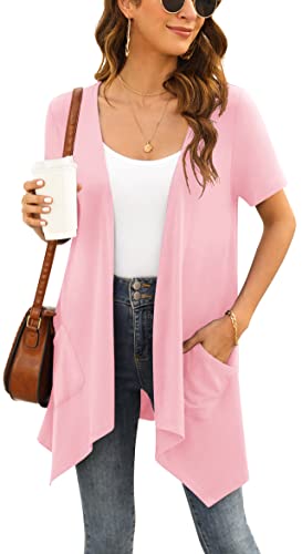 Yommay Strickjacken für Damen Elegant Solide Kurzen Ärmel Strickjacke Casual Sommer Leichter Lockere Cardigan mit Taschen,Rosa,Klein von Yommay