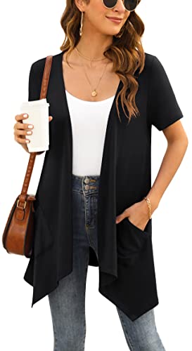 Yommay Strickjacken für Damen Elegant Solide Kurzen Ärmel Strickjacke Casual Sommer Leichter Lockere Cardigan mit Taschen,Schwarz,Mittel von Yommay