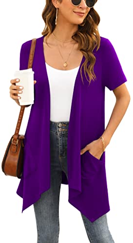 Yommay Strickjacken für Damen Elegant Solide Kurzen Ärmel Strickjacke Casual Sommer Leichter Lockere Cardigan mit Taschen,Violett,Mittel von Yommay