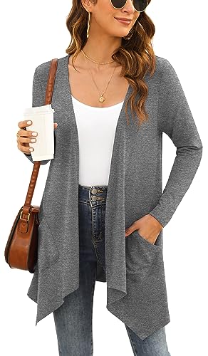 Yommay Strickjacken für Damen Elegante Langarm Damen Lässig Licht Cardigan High Low Saum mit Taschen,Dunkelgrau,Groß von Yommay