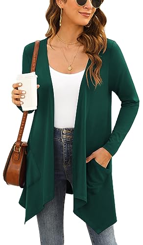 Yommay Strickjacken für Damen Elegante Langarm Damen Lässig Licht Cardigan High Low Saum mit Taschen,Dunkelgrün,X-Large von Yommay