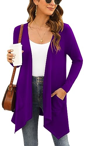 Yommay Strickjacken für Damen Elegante Langarm Damen Lässig Licht Cardigan High Low Saum mit Taschen,Lila,Groß von Yommay