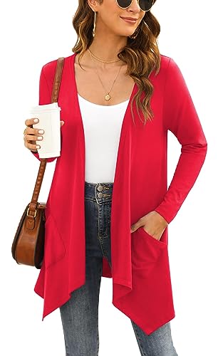 Yommay Strickjacken für Damen Elegante Langarm Damen Lässig Licht Cardigan High Low Saum mit Taschen,Rot,Groß von Yommay