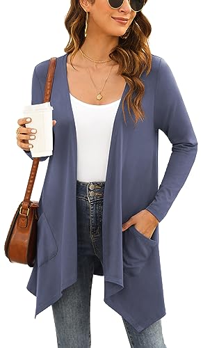 Yommay Strickjacken für Damen Elegante Langarm Damen Lässig Licht Cardigan High Low Saum mit Taschen,Violett-Grau,Groß von Yommay