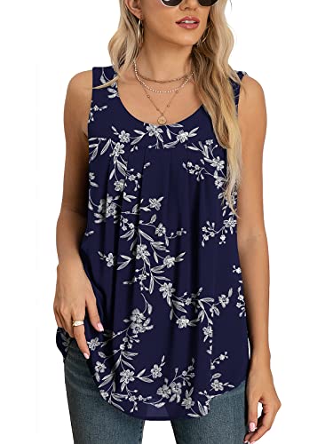 Yommay Tops für Damen Chiffon Sommer Elegante ärmellose Business Komfort Cami Casual Blusen Tuniken Flowy,Marineblaue Blätter,Groß von Yommay