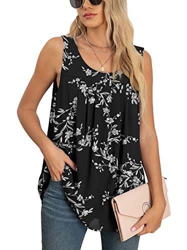 Yommay Tops für Damen Chiffon Sommer Elegante ärmellose Business Komfort Cami Casual Blusen Tuniken Flowy,Schwarze Blätter,Mittel von Yommay