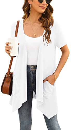 Yommay Weiße Strickjacke für Damen Elegant Kurzen Ärmel leichte Sommer Strickjacke vorne offen Kurze Ärmel Duster Vest mit Taschen,Weiß,Klein von Yommay