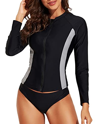 Yonique 2-teiliger Rashguard für Damen, langärmelig, Badeanzüge, Reißverschluss vorne, Badeshirt, LSF 50+, Schwarz, Medium von Yonique