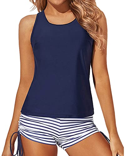 Yonique 3-teiliger Tankini-Badeanzug für Damen, Tank-Top, Badeanzüge mit Boy-Shorts und BH, sportliche Bademode, Blau/Weiß, Large von Yonique