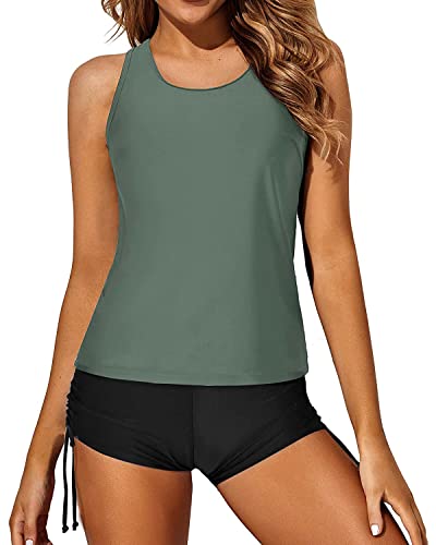 Yonique 3-teiliger Tankini-Badeanzug für Damen, Tank-Top, Badeanzüge mit Jungen-Shorts und BH, sportliche Bademode, Black & Army Green, 22 Plus von Yonique