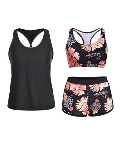 Yonique 3-teiliger athletischer Tankini-Badeanzug für Damen mit Shorts, Schwimm-Tank-Tops mit Sport-BH und Boyshorts, Badeanzüge, Rosa mit Blumenmuster und Schwarz, S Yonique 3-teiliger athletischer Tankini-Badeanzug für Damen mit Shorts, Schwimm-Tank-Tops mit Sport-BH und Boyshorts, Badeanzüge, Rosa mit Blumenmuster und Schwarz, S von Yonique