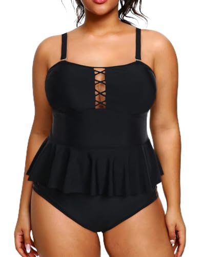 Yonique Damen-Badeanzug, Übergröße, Schößchen, Rüschen, Tankini-Oberteil mit hoher Taille, zweiteiliger Retro-Badeanzug - Schwarz - X-Large von Yonique