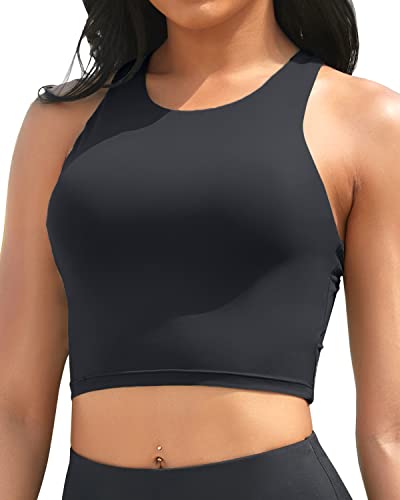 Yonique Damen Bikini Top Only Crop Swim Top Longline Badeanzug Tops High Neck Badeanzug Top, Schwarz, XL von Yonique