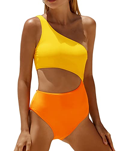 Yonique Einteiliger Damen-Badeanzug, einschulterig, Bademode, Monokini, Orange/Abendrot im Zickzackmuster (Sunset Chevron), XL von Yonique