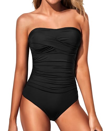 Yonique Trägerloser einteiliger Damen-Badeanzug, Bauchkontrolle, Bandeau-Badeanzug, schlankmachend, Twist-Front-Bademode, Schwarz, 22 Plus von Yonique