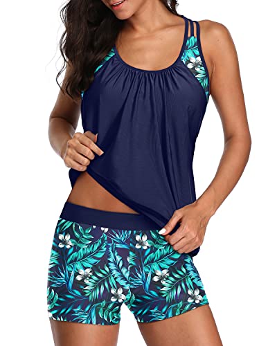 Yonique Zweiteilige Tankini Badeanzüge T-Rücken Blouson Badeoberteile mit Jungen Shorts Damen Badeanzüge sportliche Bademode, Marineblaues Blatt, Large von Yonique