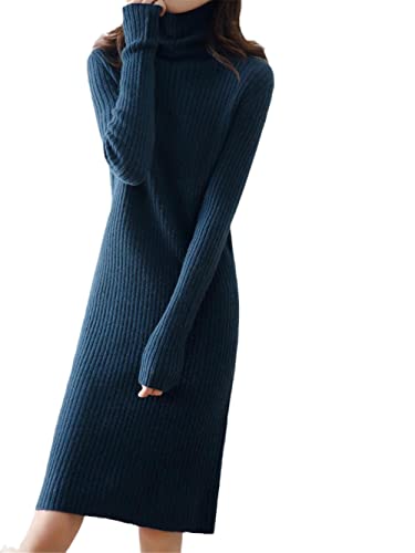 Damen 100% reines Merino Kaschmir Strickpullover Solid Rollkragen Pullover Knielang Kleid, blau, S von Youllyuu