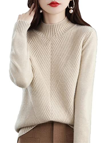 Youllyuu Cashmere Sweater Damen Rollkragen Strickpullover 100% Merinowolle Langarm Pullover, beige, L von Youllyuu