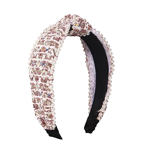 Youllyuu Tuch Tweed Breites Haarband Für Frauen Kreuz Geknotet Stirnbänder Damen Perle Haarband Lünette Headwear rosa von Youllyuu