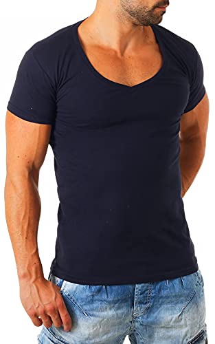 Young & Rich Herren Uni T-Shirt mit extra tiefem V-Ausschnitt Slimfit deep V-Neck Stretch dehnbar Basic Shirt 1315, Grösse:S, Farbe:Dunkelblau von Young & Rich