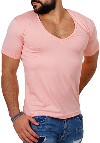 Young & Rich Herren Uni T-Shirt mit extra tiefem V-Ausschnitt Slimfit deep V-Neck Stretch dehnbar Basic Shirt 1315, Grösse:L, Farbe:Rosa von Young & Rich