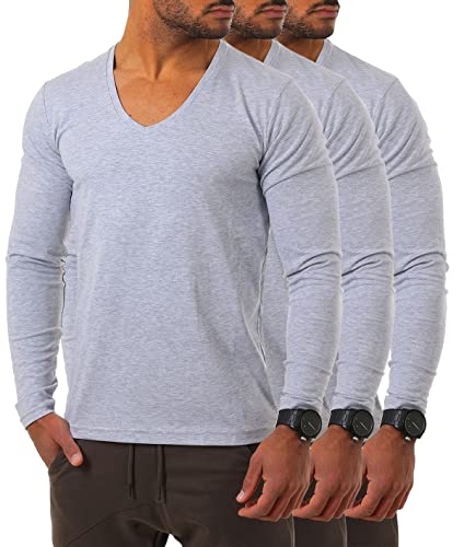 Young & Rich Herren Langarm Shirt mit tiefem V-Ausschnitt deep v-Neck Longsleeve Slim fit Stretch 2239, Grösse:M, Farbe:Grau Melange (3er Pack) von Young & Rich