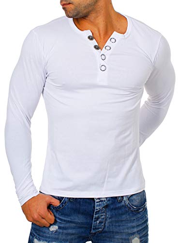 Young & Rich Herren Longsleeve Langarm T-Shirt Knopfleiste mit extra großen Metall Knöpfen Slimfit Big Buttons 2872, Grösse:XL, Farbe:Weiß von Young&Rich
