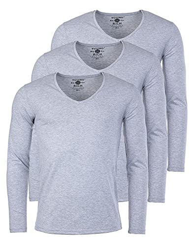 Young&Rich Herren Uni Longsleeve Basic Langarm T-Shirt mit tiefem V-Ausschnitt Slimfit mit Stretchanteilen (3er Pack), Grösse:M, Farbe:Grau Melange (3er Pack) von Young & Rich