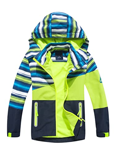 YOUNGSOUL Kinder Gefütterte Regenjacke Mädchen Windjacke Jungen Übergangsjacke Outdoorjacke Softshelljacke mit Farbblock und Gestreift Grün DE: 134-140 (Herstellergröße 140) von YOUNGSOUL