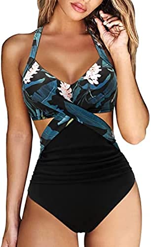 Damen Badeanzug Wickel Push Up Bademode Cut Out Einteilige Badeanzug Damen Sexy V Ausschnitt Badeanzüge Schwimmanzug Raffung Zierausschnitten Bauchweg Strandmode Swimsuit Elegant Einteiliger Bikini von Youning