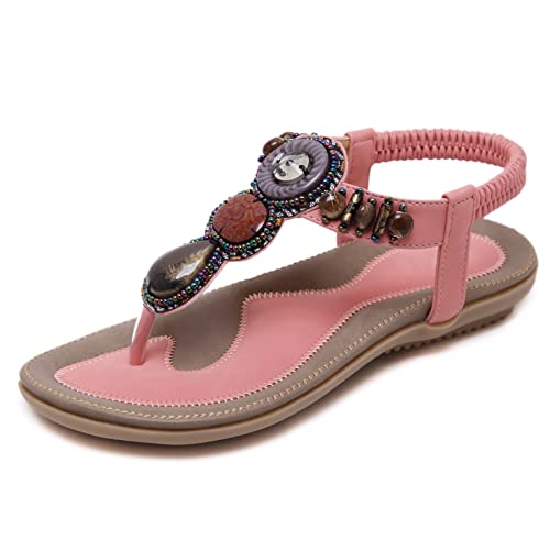 Youpin Source Damen Große Größe Flache Sandalen mit Perlen und Gems T-Bar Flip Flops Lässige Strandschuhe Sommer A3,Rosa,35 von Youpin Source