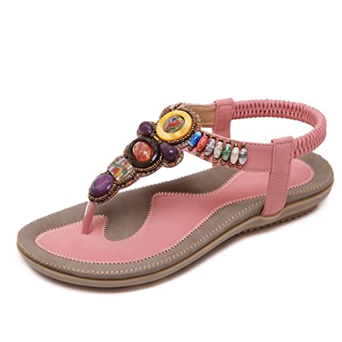 Youpin Source Damen Große Größe Flache Sandalen mit Perlen und Gems T-Bar Flip Flops Lässige Strandschuhe Sommer A5,Rosa,35 von Youpin Source