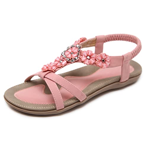 Youpin Source Frauen Strass Blume Bohemian Style Flache Sandalen Große Größe Strand Schuhe Sommer,Rosa,37 von Youpin Source